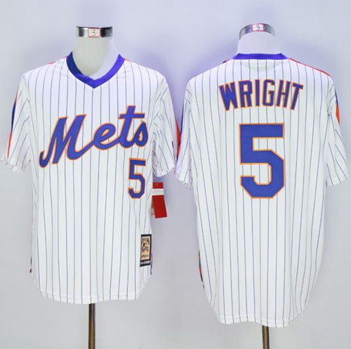 Mitchell And Ness Mets #5 David Wright White(Blue Strip) Throwback Stitched MLB Jersey - Click Image to Close